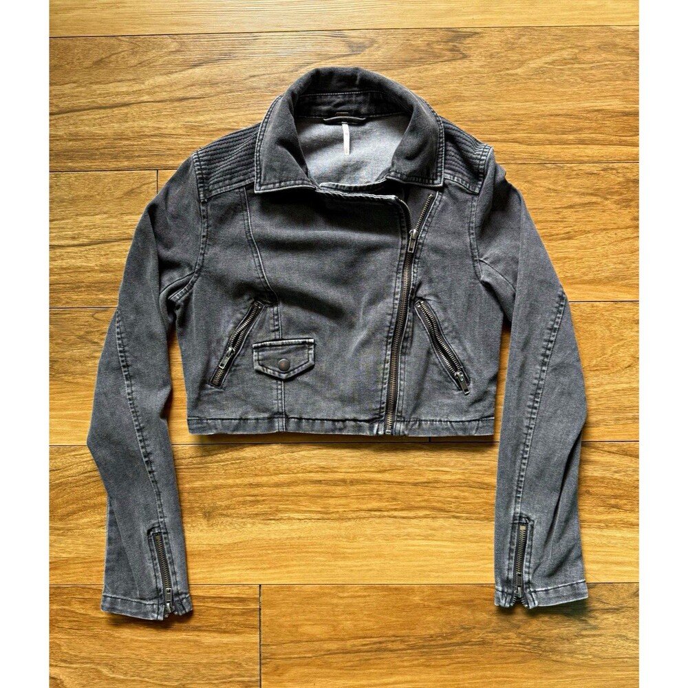 Free People Washed Black Biker Jacket Womens Size S Short Zip Closure Pockets